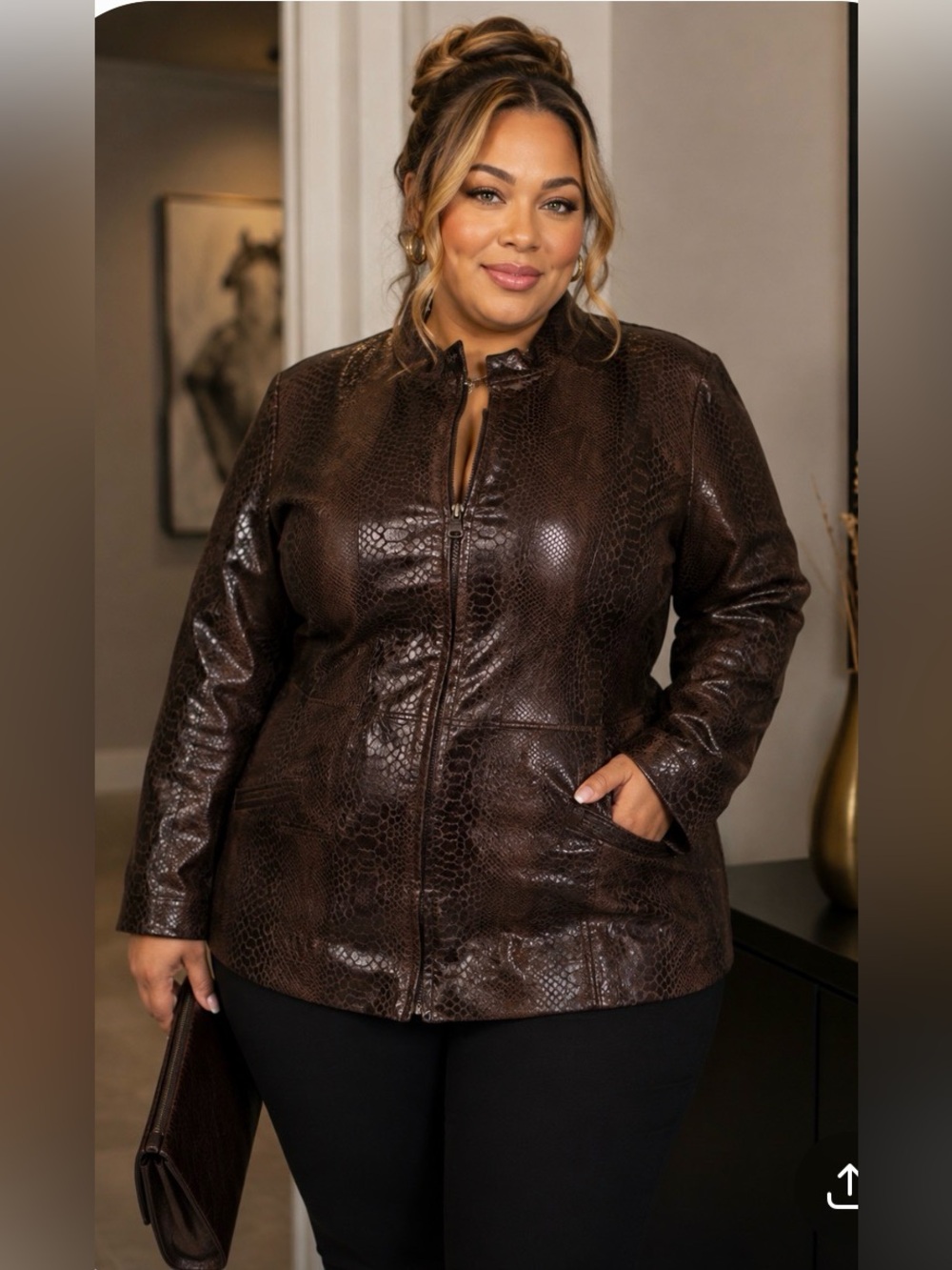 Maggie Barnes Dark Brown Faux-Snakeskin Leather Jacket